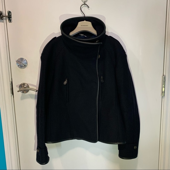 Navy Burberry Brit wool-blend twill bomber jacket, leather trim - Picture 2 of 13